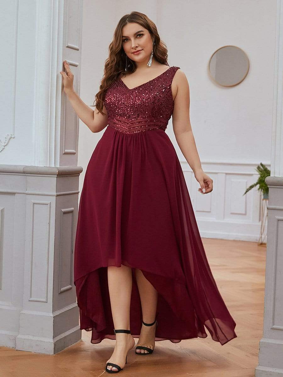 Sparkling Paillette & Chiffon V-neck A-line Sleeveless Plus Size Evening Gown