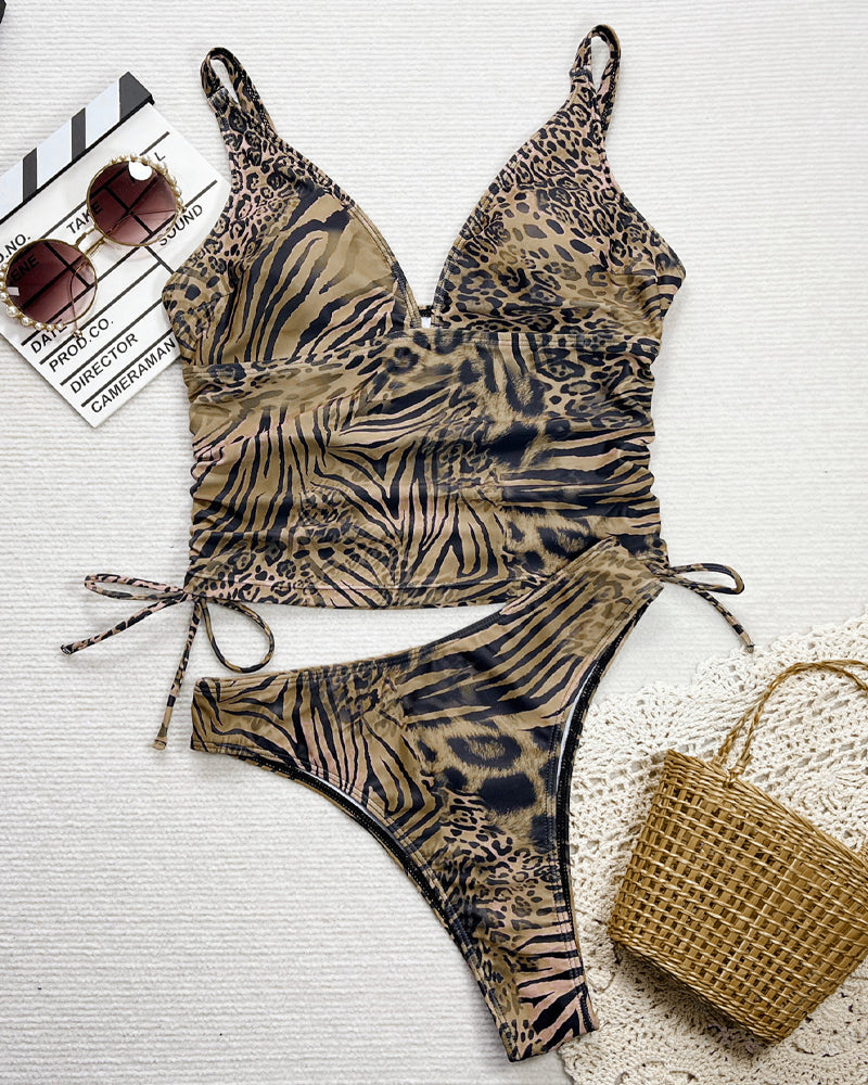 Women's Sexy Retro Deep V Leopard Print Bikini Swimsuit Set
